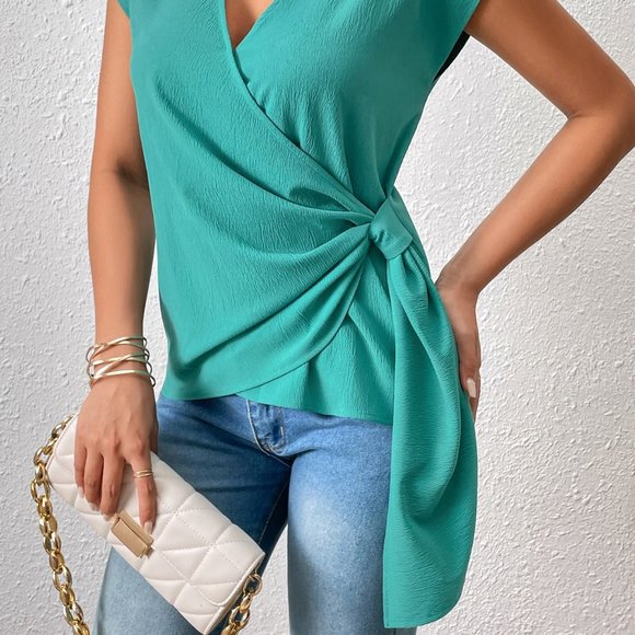Tied Surplice Neck Short Sleeve Blouse - Picture 4 of 5